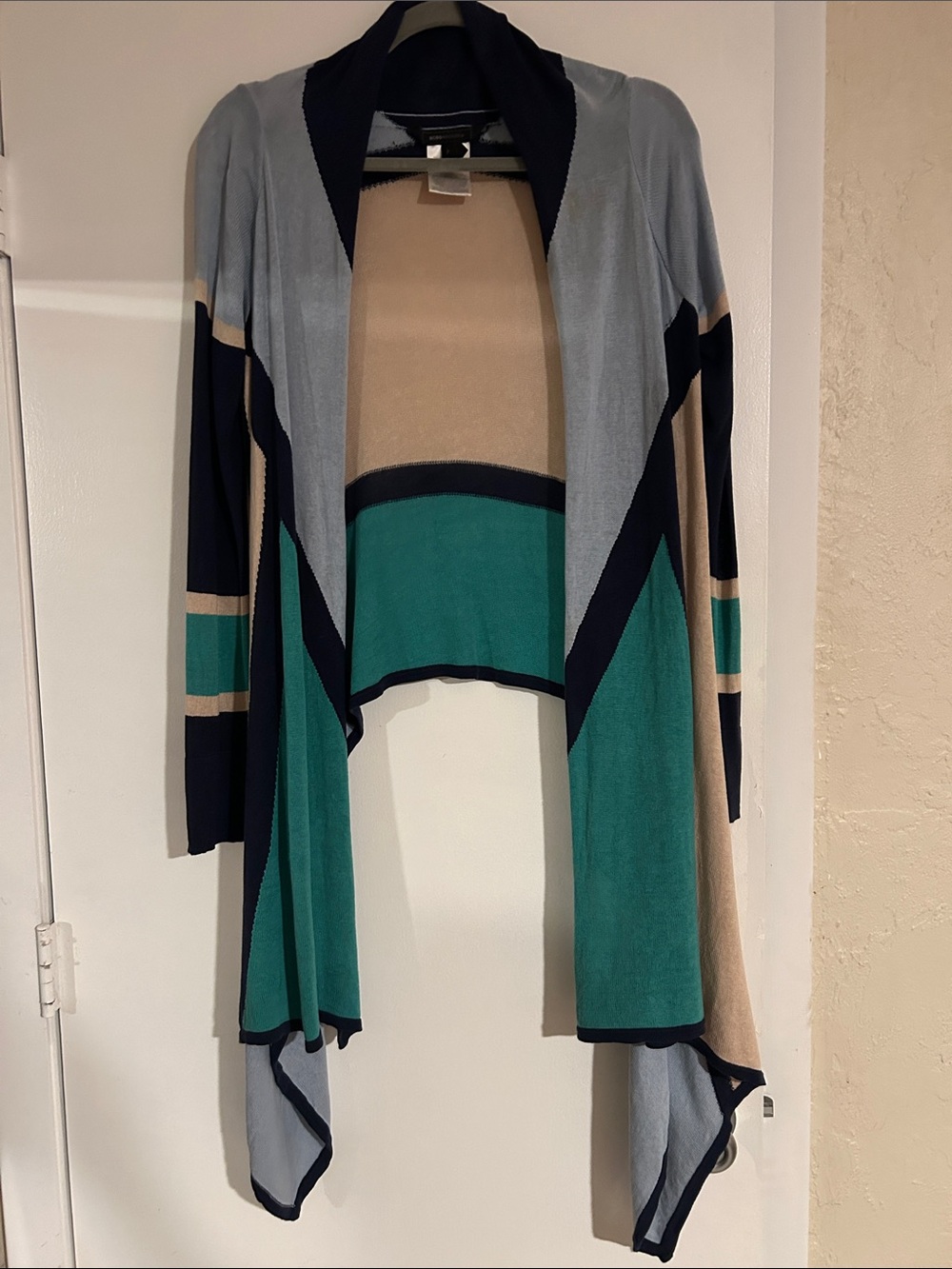 BCBGMaxAzria Teal, Beige & Navy Colorblock Open-Front Cardigan